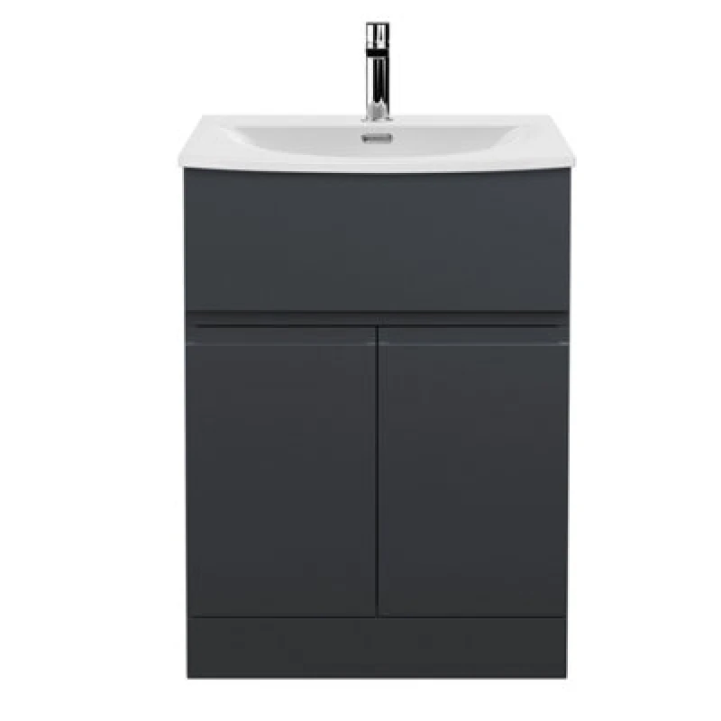 Image of Hudson Reed Urban Floor Standing 2 Door 1 Drawer Vanity Unit With Curved Basin, Durable Modern Vanity Unit In Soft Black, 600mm