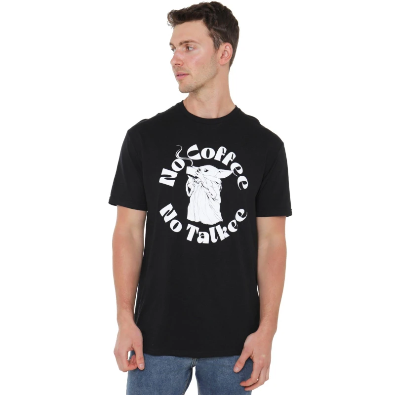 Image of Star Wars Men Star Wars The Mandalorian Baby Yoda Grogu No Coffee No Talkie Mens T-Shirt Black Size: Small Black S Male 5052777759198