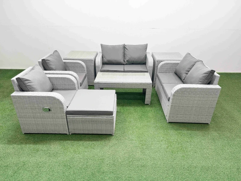 Image of Fimous 7 Seater Outdoor Reclining Chair Love Sofa Set Rattan Garden Furniture Set with Oblong Coffee Table Footstool 2 Side Tables Light Grey Light Gr