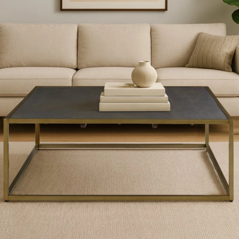 Image of Orsina Coffee Table With Textured Shagreen Top, Deep Gold Iron Frame With Minimalist Design, Low Profile Table