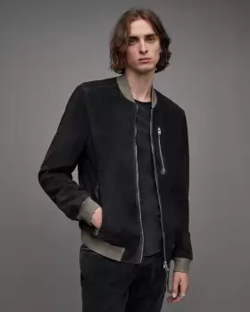 image of AllSaints Prima Acid Washed Suede Bomber Jacket