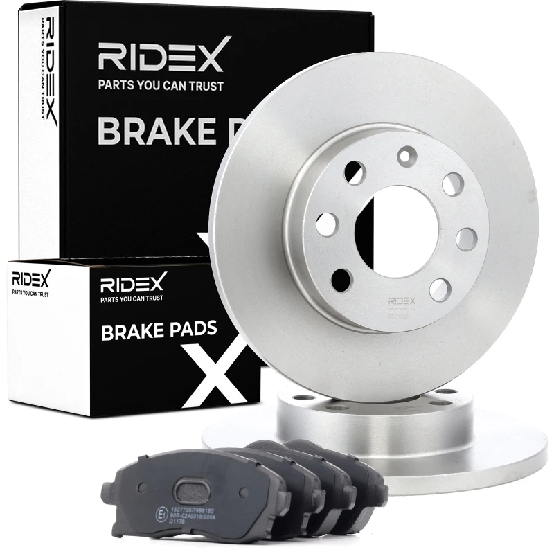 Image of RIDEX 3405B1567 Brake disc and pads set Front Axle, Brake Disc Type: Solid, with acoustic wear warning, with brake pads Brake Set,disc brakes (3405)
