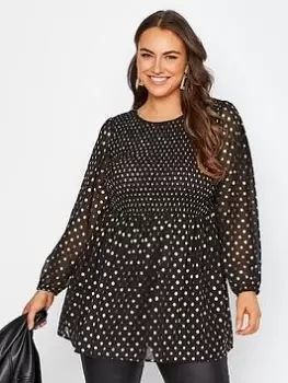 Image of Yours Long Sleeve Shirred Top. Black/gold Metallic, Black, Size 16, Women