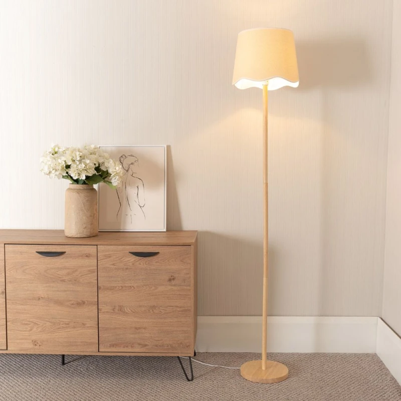 Image of ValueLights Heather Light Wood Stem Floor Lamp with Scallop Edge Tapered Shade and LED Bulb White