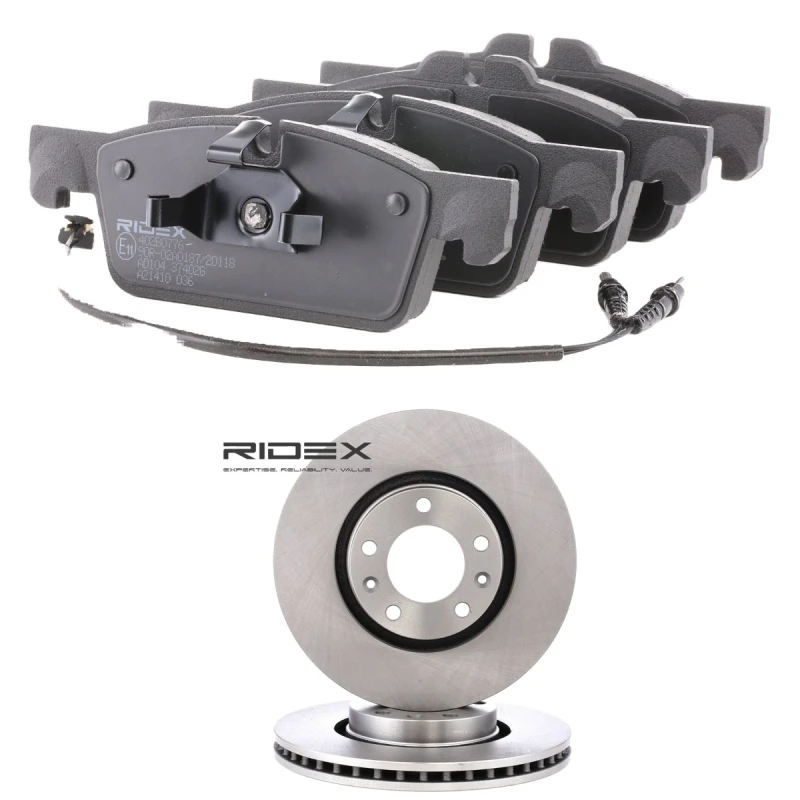 Image of RIDEX 3405B1924 Brake disc and pads set Front Axle, Brake Disc Type: Externally Vented, incl. wear warning contact Brake Set,disc brakes (3405)