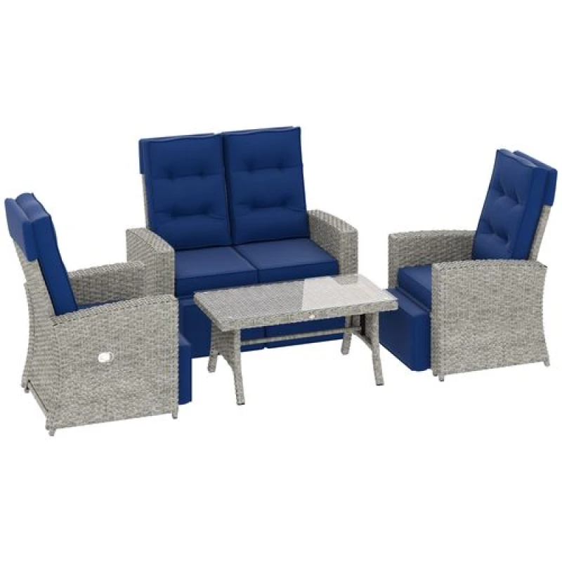 Image of Outsunny 4 Piece Rattan Garden Furniture Set with Sofa, Glass Table, Blue Dark Blue