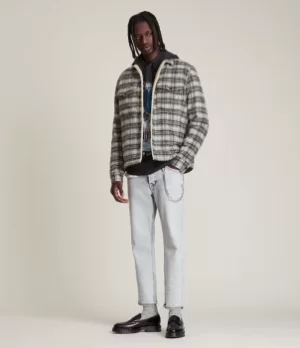 Image of AllSaints Mens Anvik Sherpa-Lined Wool Blend Check Jacket, Light Grey, Size: L