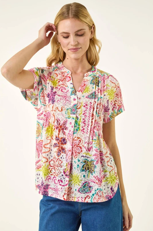 Image of Roman Womens Tropical Palm Burnout Shirt in Pink Size: 18 Pink Female 18