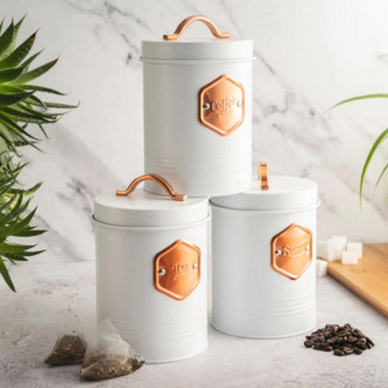 Image of Cooks Professional 3 Piece Tea Coffee Sugar Cannister Set - Labelled Kitchen Storage Tins With Airtight Lids - White & Copper
