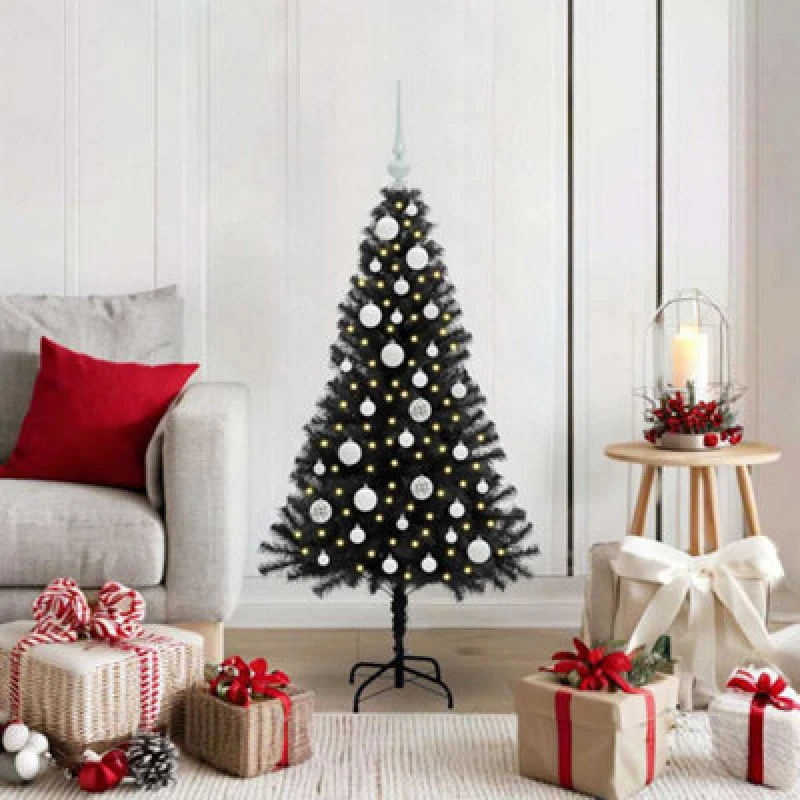 Image of vidaXL Christmas Tree with 150 LEDs, White Balls with Stand Black 120cm PVC, Black 3396459