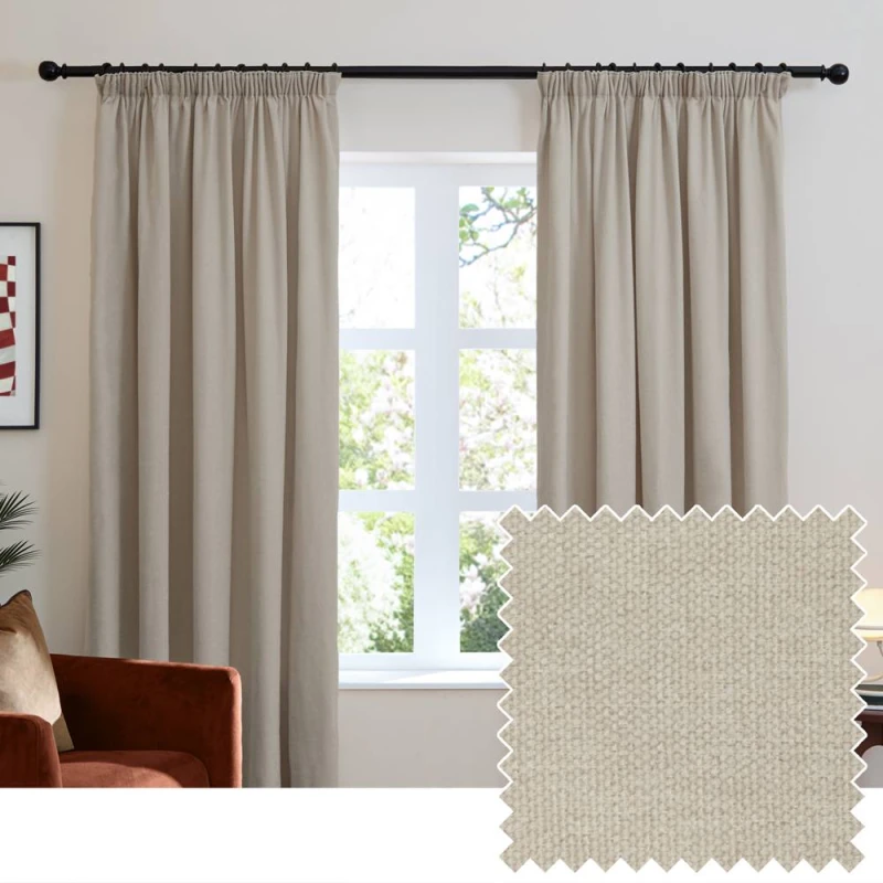 Image of Furn Soft Chenille Blackout Pencil Pleat Curtain Pair in Natural Size: 229cm width x 229cm drop Natural Unisex 229cm width x 229cm drop