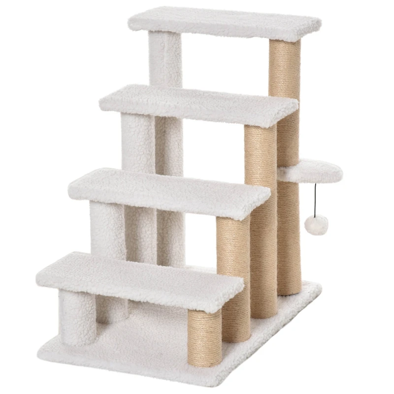 Image of PawHut Pawhut - Pet Stair with Climb Ladder, Scratching Posts, Platforms, Toy Ball, for Indoor Elderly Cats Kittens, White 4-step 5056725575717
