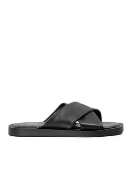 Image of Dune London Leather Licorice Cross Strap Colour Drench Slide - Black Leather, Black, Size 8, Women