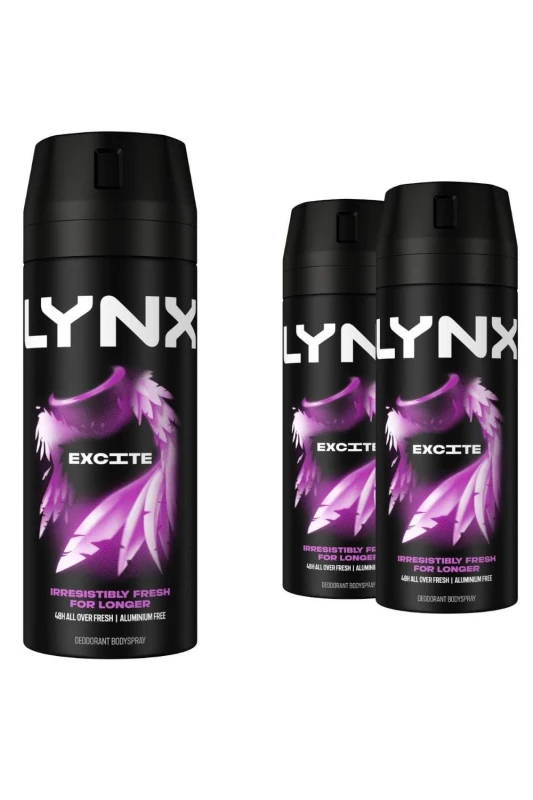 Image of Lynx Mens Excite Body Spray Deodorant 48Hrs HD Fragrance 150ml 3 Pack in Black Male
