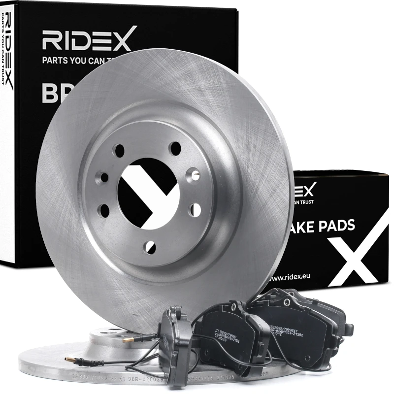 Image of RIDEX 3405B1123 Brake disc and pads set Rear Axle, Brake Disc Type: Solid, with integrated wear sensor Brake Set,disc brakes (3405)