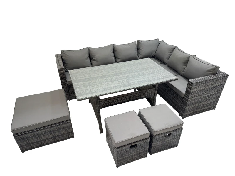 Image of Fimous 9 Seater Patio Dining Corner Sofa Set with 3 Footstool Dark Grey Mixed Dark Grey Unisex