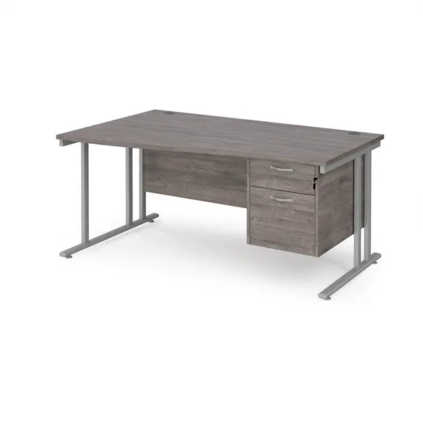 Image of Maestro 25 left hand wave desk 1600mm wide with 2 drawer pedestal - silver cantilever leg frame, grey oak top