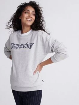Image of Superdry Applique Serif Crew Sweatshirt - Light Grey, Light Grey, Size 16, Women