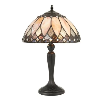 image of Interiors Brooklyn - 2 Light Small Table Lamp Dark Bronze, Tiffany Glass, E14