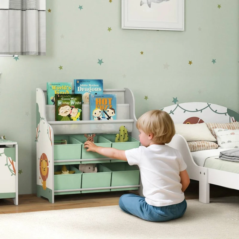 Image of Aiyaplay Kids Storage Unit With 6 Fabric Drawers & 2-Tier Sling Rack, Green