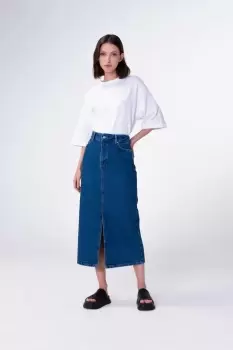 Image of Greta Midi Denim Skirt, Mid Wash / 6