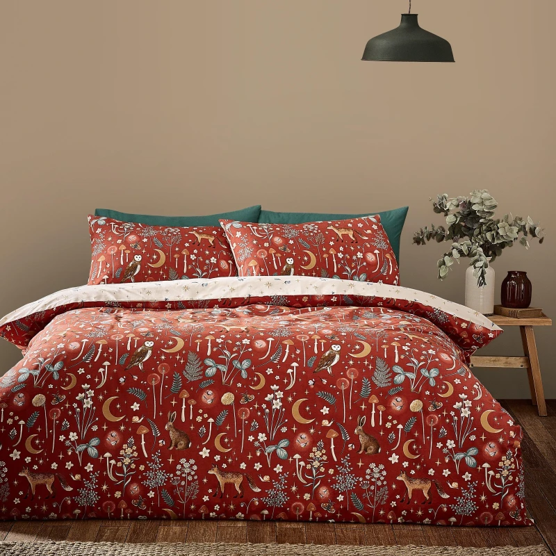 Image of Catherine Lansfield Catherine Lansfield 'Enchanted Twilight Animals' Reversible Duvet Cover Set in Burnt Orange Size: Double Burnt Orange Double Uni