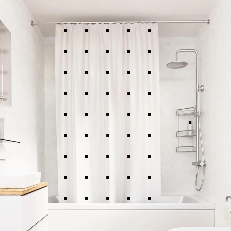 Image of Croydex Croydex White Shower Curtain with Black Dots Design - 100% Polyester with a Weighted Hem, Machine Washable and coated with Proseal for Water A