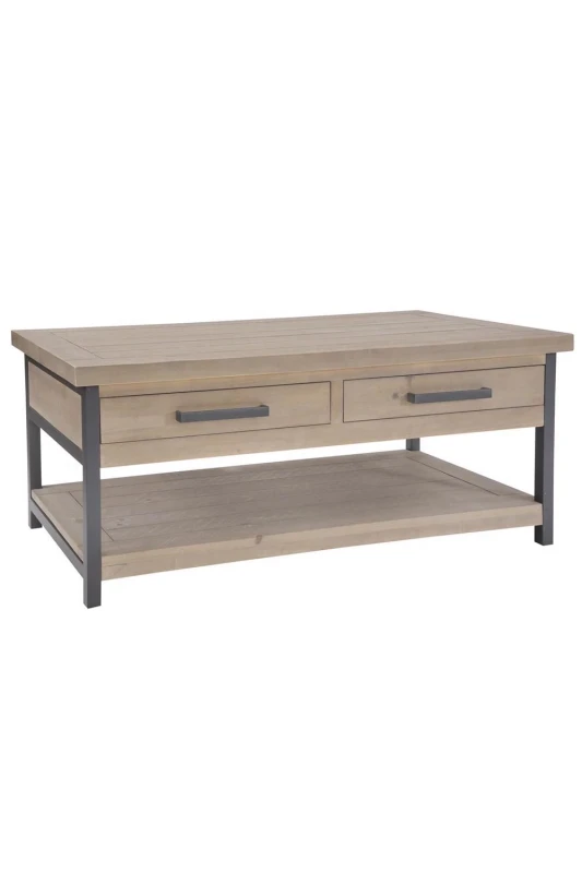 Image of FWStyle 2 Drawer Driftwood Solid Reclaimed Pine Coffee Table Brown