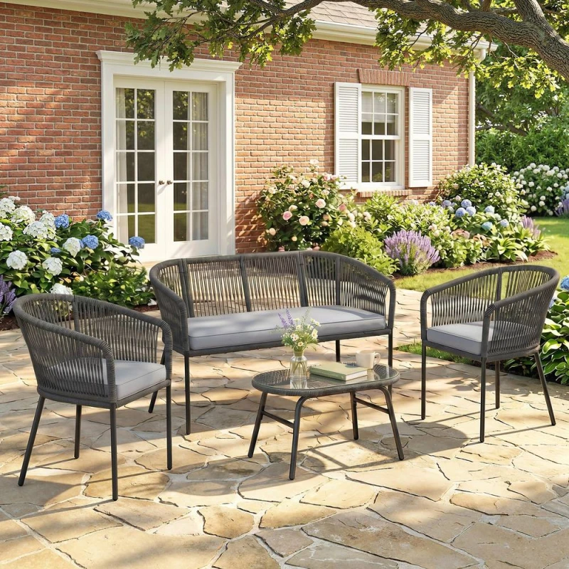 Image of OUTSUNNY 4 Piece Garden Furniture Set, Rope Woven Outdoor Sofa, Dark Grey Dark Grey Unisex