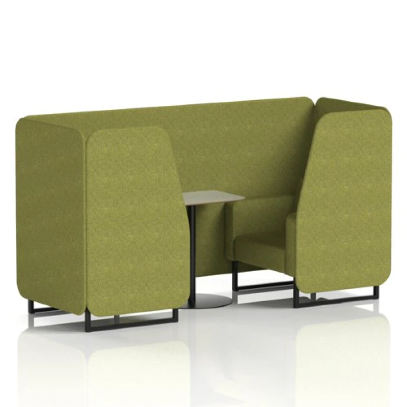 Image of Brixworth 2 Seater Office Booth with Front Panel - Black Legs and Grey Table with Black Leg in Rivet Fabric - Olive Panels and Sofa