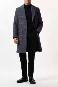 Image of Mens Navy Wool Blend Checked Overcoat