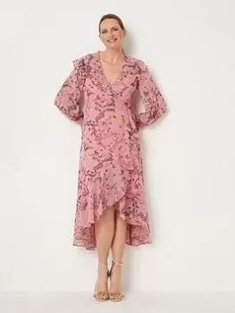 Image of Wallis Botanical Ruffle Neck Wrap Dress - Pink, Size 10, Women