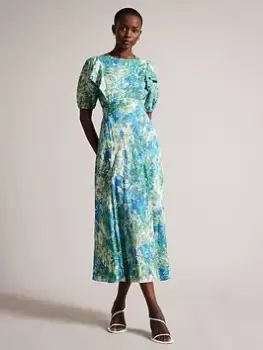 Image of Ted Baker Nicciey Puff Sleeve Ruffle Midi Dress - Multi, White, Size 1=8, Women