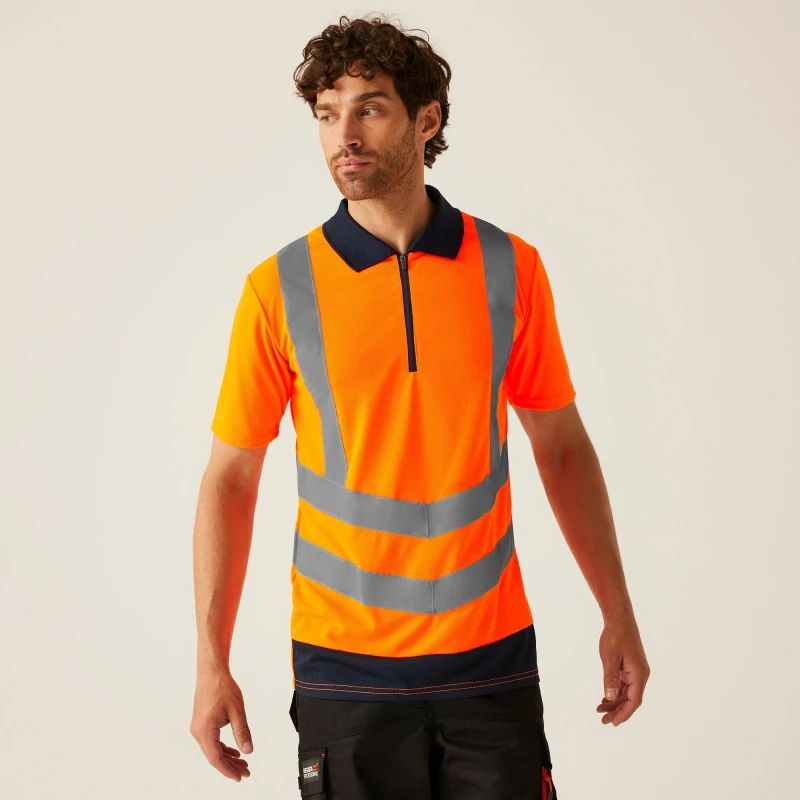 Image of Regatta Mens Hi Vis Pro Reflective Polo Work Shirt Orange/Navy male 2XL