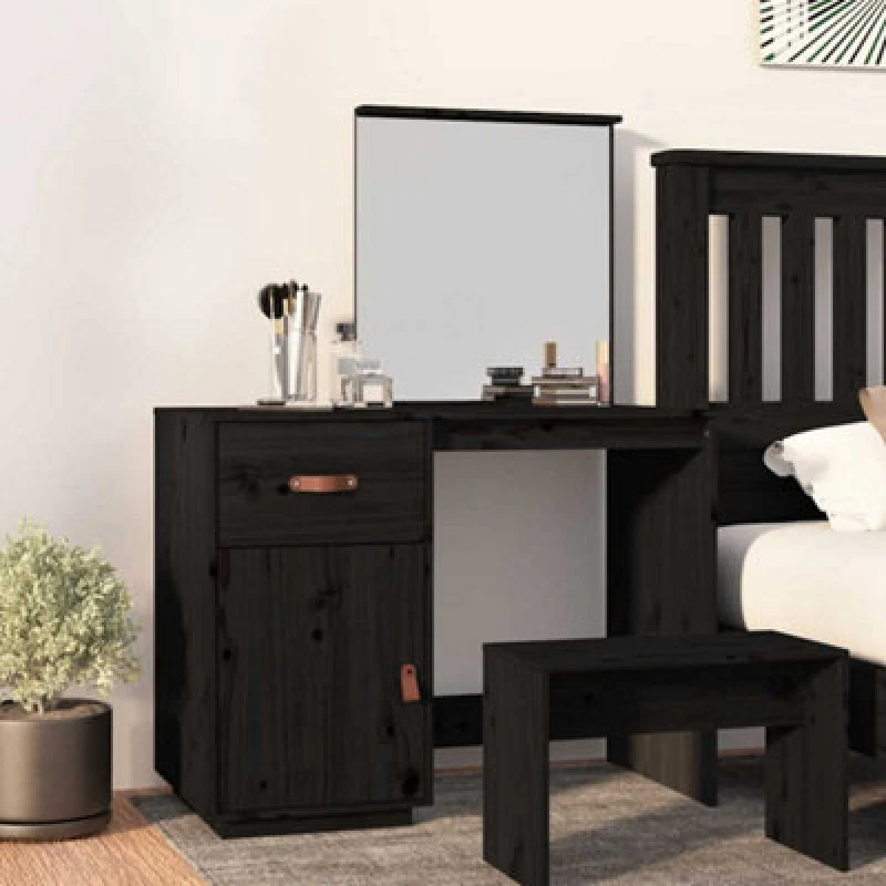 Image of Vidaxl Dressing Table Black 95X50X134cm Solid Wood Pine, Black 820091