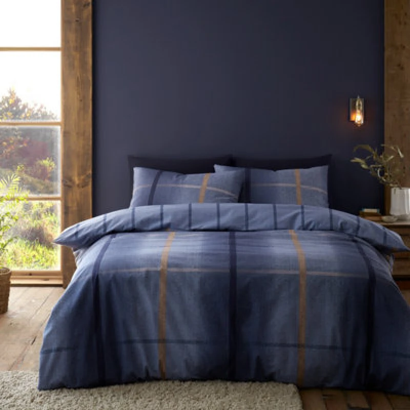 Image of Catherine Lansfield Bedding Brushed Cotton Melrose Tweed Check Reversible Duvet Cover Set With Pillowcase Blue