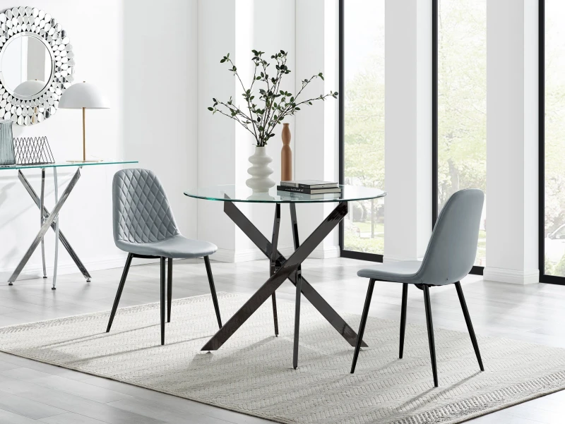 Image of FurnitureboxUK FurnitureboxUK Novara 100cm Round Black Leg Dining Table & 2 Corona Black Leg Chairs in Grey Grey One Size Unisex 5056784304587