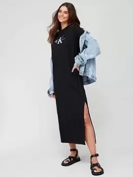 Image of Calvin Klein Jeans Calvin Klein Jeans Mono Logo Ribbed T-Shirt Dress - Black, Size S, Women