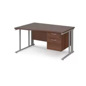 Image of Office Desk Left Hand Wave Desk 1400mm With Pedestal Walnut Top With Silver Frame Maestro 25 MCM14WLP2SW