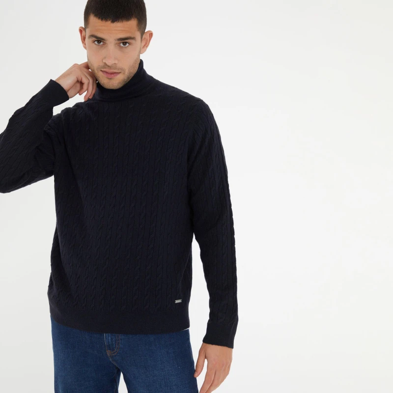 Image of Threadbare 'Hawkgreen' Cable Knit Roll Neck Jumper Navy