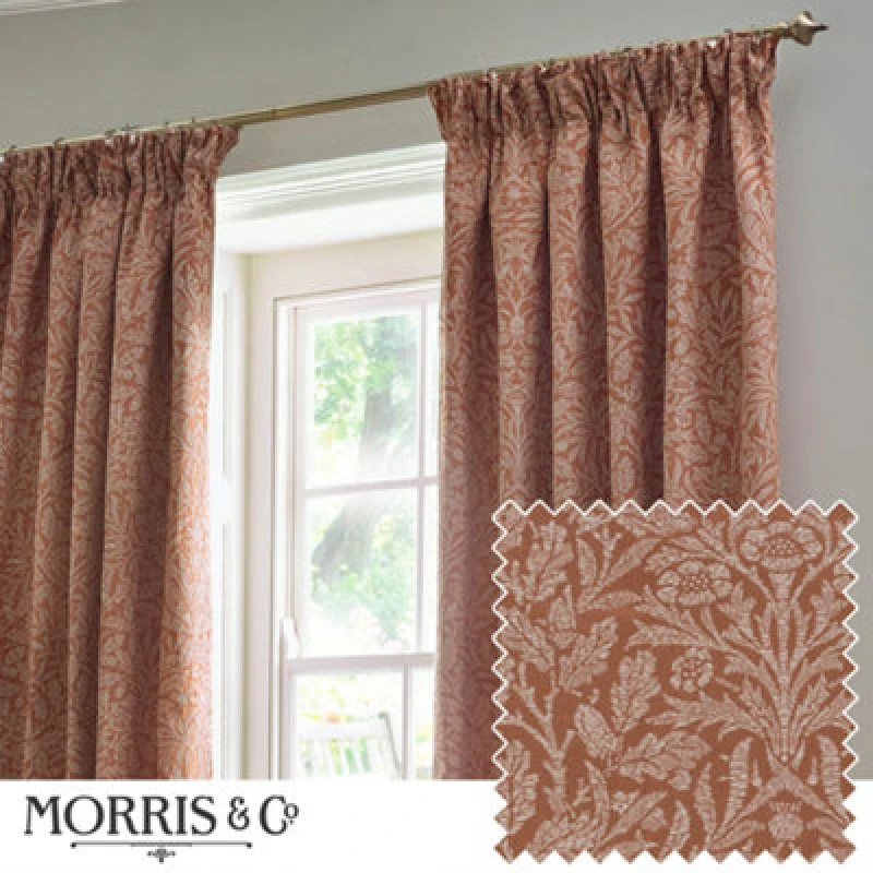 Image of Morris & Co Morris & Co Acorn Tonal Matt Jacquard Room Darkening Pencil Pleat Curtains in Red Size: 117cm width x 137cm drop Red 117cm width x 137cm