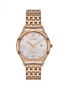 Image of Citizen Eco-Drive Mother Of Pearl Date Dial Gold Stainless Steel Bracelet Ladies Watch
