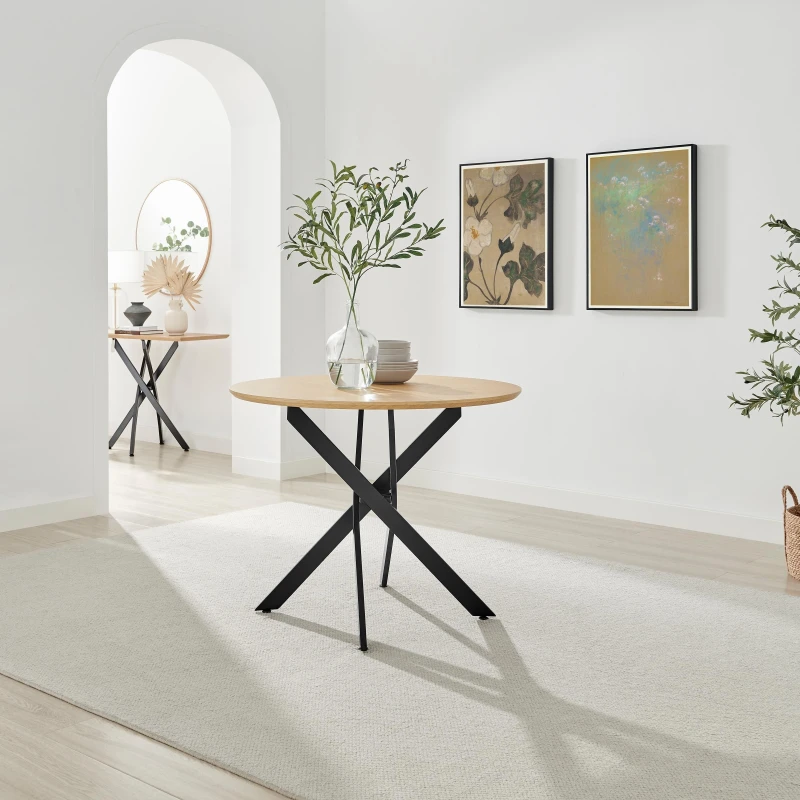 Image of FurnitureboxUK FurnitureboxUK Novara Round Oak Veneer and Black Metal 4 Seater Dining Table Black One Size Unisex 5056784308196