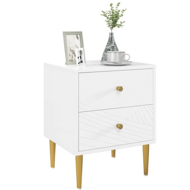 Image of HOMCOM Modern Bedside Table with Drawer, Side Table with Metal Legs, White White