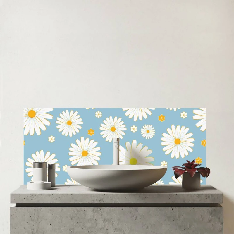Image of Warren Reed - Designer Summer Daisy Pattern Glass Bathroom Splashback in Blue Blue Unisex