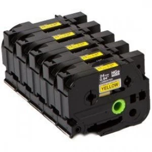 Image of Brother HGE-651V5 Black on Yellow 8M x 24mm High Grade Tape 5pk