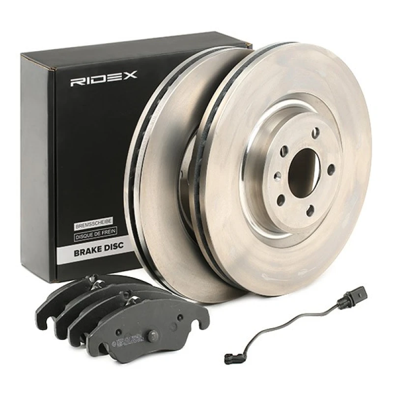 Image of RIDEX 3405B1176 Brake disc and pads set with accessories, Front Axle, Brake Disc Type: Vented, incl. wear warning contact, with brake caliper screws