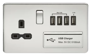 Image of KnightsBridge 13A 2G Screwless Polished Chrome 1G Switched Socket with Quad 5V USB Charger Ports - Black Insert