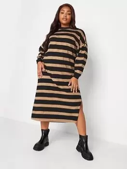 Image of Yours Oversized Long Sleeve T-Shirt Jumbo Stripe Dress With Cuff - Natural/Black, Natural, Size 16, Women