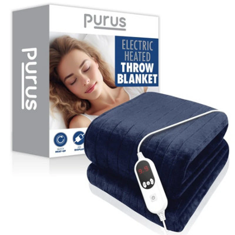 Image of Purus Deluxe Navy Blue Xl Electric Throw Heated Double Over Electric Blanket Soft Fleece 9 Heat & 12 Timer Settings